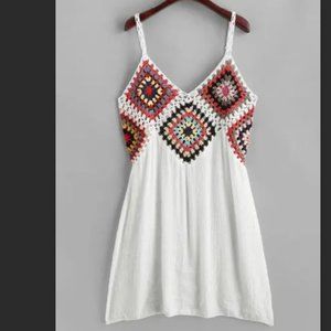 Zaful Colorful Crochet Panel Beach Dress - White - One Size